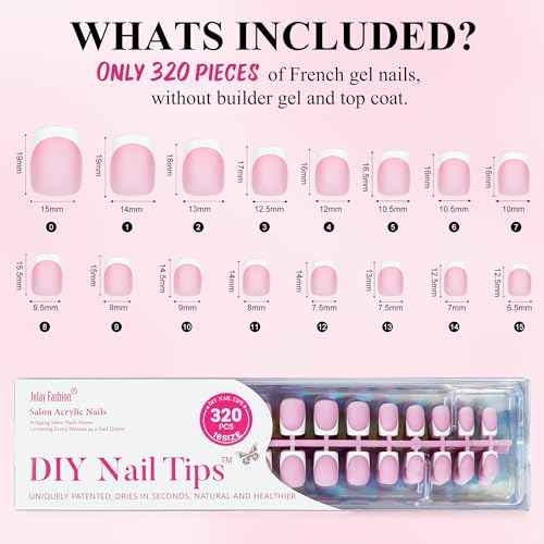French Gel Nail Tips - Jofay Fashion French Tip Press on Nails, 10-Piece Set 320Pcs Short Square Nail Tips, Pre-applied Tip Primer & Base Coat, No Need to File Fake Nails for Nail Extension, 16 Sizes