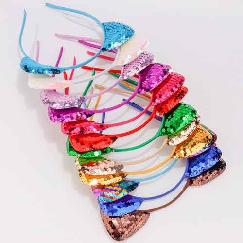 COCIDE 12Pcs Cat Ears Headbands Set with Sequins for Girls - Birthday Party, Halloween Hair Accessories and Favors