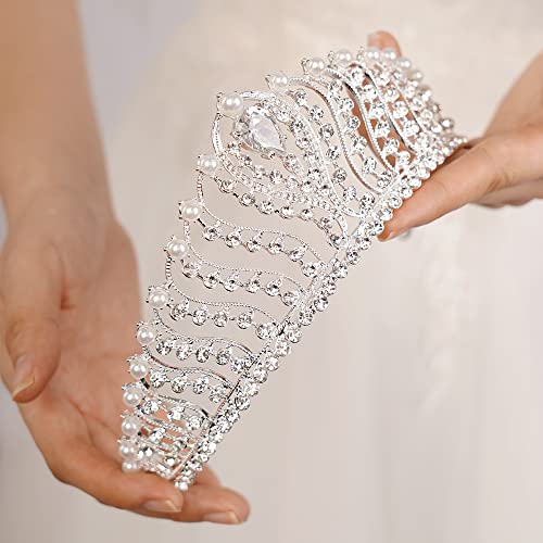 Silver Pearl Crown for Women - Wedding Tiara, Bridal Hair Accessories, Queen Crown & Prom Tiara