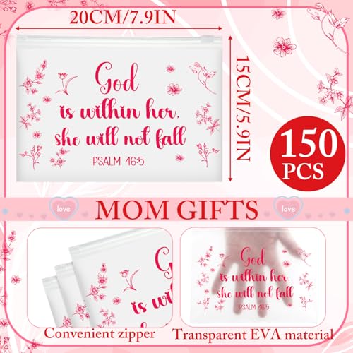 Kacctyen 150 Pack Woman of Faith EVA Bags Gift Bulk God Is Within Her She Will Not Fall Women's Day Party Favor Mother's Day Christian Bible Reusable Clear Pouches with Zipper Waterproof Bag