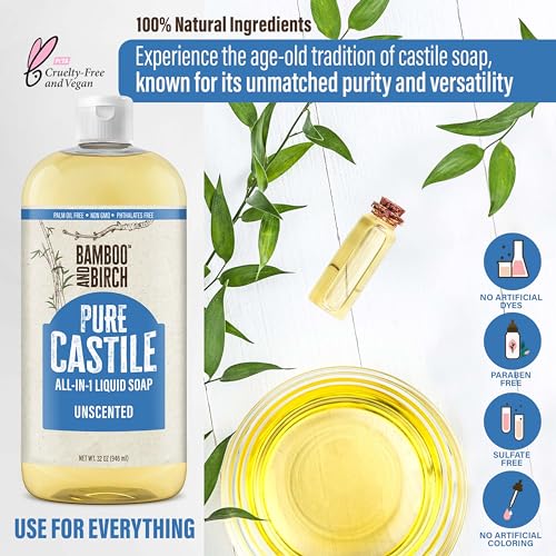 BAMBOO AND BIRCH Pure Castile Soap Liquid, Certified Palm Oil Free Natural Soap, Unscented, 32 oz