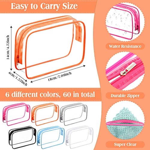 Cunno 60 Pcs Clear Makeup Bags Cosmetic Storage Bags PVC Zipper Pouches Travel Waterproof Toiletry Plastic Case Bulk for Women Organizing Summer Vacation Travel Bathroom(Vivid Color)