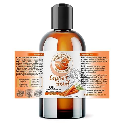 Bella Terra Oils - Organic Carrot Seed Oil 8 oz - Unveiling Organic Carrot's Enzymes & Nutritional Benefits, A Cold-Pressed Delight for a Natural Skin Glow