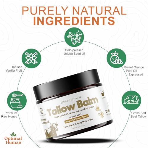 O H Optimal Human Raw Wildflower Honey Balm (2 Oz) ? 100% Grass-Fed Beef Tallow Balm - Body and Face Tallow Moisturizer - Non-Comedogenic, Ultra-Clean Formula For Moisture and Hydration