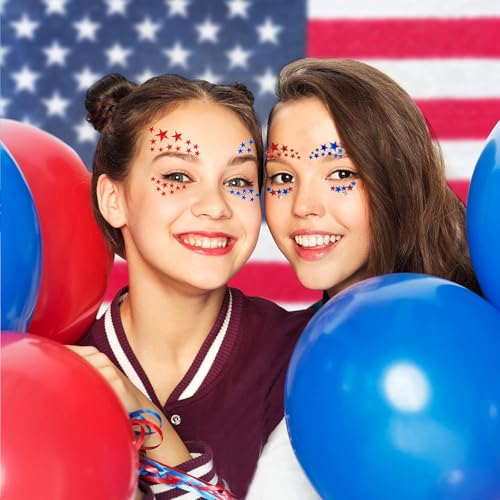 Independence Day Face Gems,4th July Fece jewelry Red Blue Star Tattoo Sticker rhinestones for Women Kids Parade Makeup Party Decoration 2 pcs