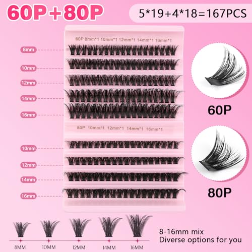 Eyelash Extension Kit 167pcs DIY Individual & Cluster Lashes 8-16mm D Curl