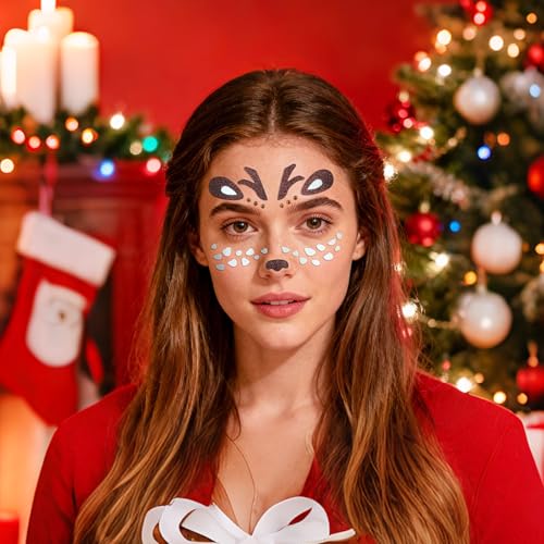 Deer Face Stickers Christmas Face Tattoo for Women Men with Rhinestone Self Adhesive Glitter Stickers Cute Animal Deer Face Tattoos Eyes Body Makeup Party Cosplay Supplies 2Pcs