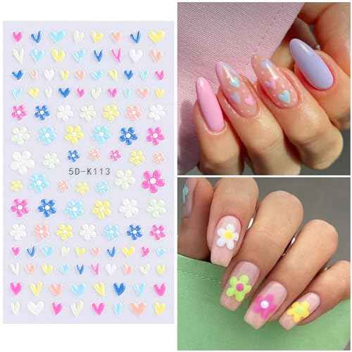 Flower Nail Art Stickers - 5D Embossed, Spring/Summer Daisy Designs, Self-Adhesive Decals for Women's Nail DIY Decoration