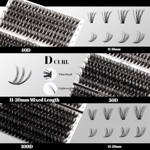 Magnetic SL 320pcs Lash Extensions Kit 40D 50D 100D - DIY False Lash Clusters with Bond+Seal, Remover, Applicator (11-20mm) - Includes 3 Styles