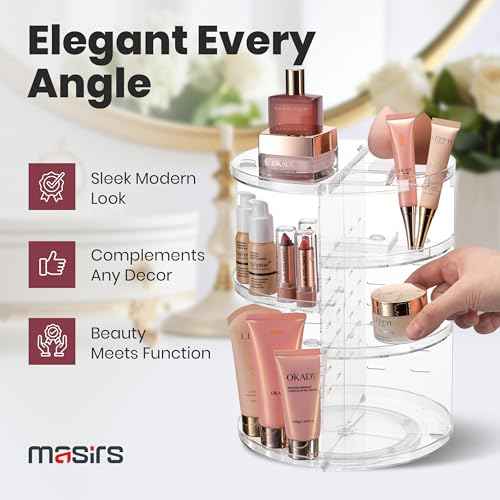 Masirs 360 Rotating Makeup Organizer Countertop - Adjustable Shelf Height - The Perfect Round Spinning Cosmetic Organizer for Bedroom Dresser or Vanity Countertop Storage (Clear)