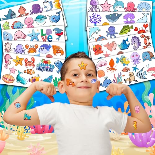 Under The Sea Temporary Tattoos 10 Sheets 110 PCS Ocean Animals Party Decorations Favors Supplies Summer Theme Birthday Cute Stickers Christmas Gifts for Boys Girls Class School Prizes Carnival