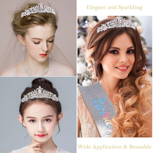 SuPoo AB Silver Birthday Princess Birthday Sash and Crown Set Birthday Girl Crown Rhinestone Tiara for Women Crystal Headband Happy Princess Birthday Party Decorations Headpieces Hair Accessories