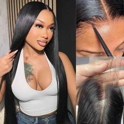 2x6 Hd Lace Closure, Middle part Straight Human Hair Closure Invisible Real HD Lace, 14 Inch 2 by 6 Skinlike Lace Frontal Closure Only Bleached Knot Pre-Plucked Natural Hairline Natural black 14inch