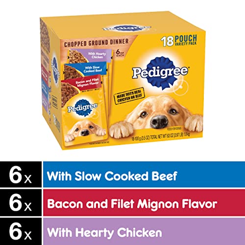 Pedigree Chopped Ground Dinner Dog Food 18-Count Bacon Filet Mignon Variety Pack, 3.5 oz. Pouches