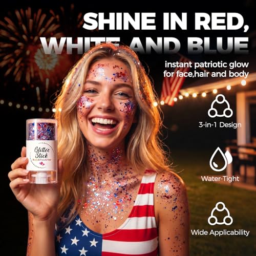 Waterproof Patriotic Glitter Stick - Red, White & Blue for 4th of July