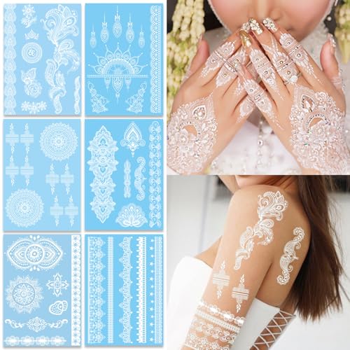 6 Sheets Henna Tattoos Temporary Stickers Flower Lace Lotus Pattern Waterproof Women Body Party Masquerade Halloween DIY Face Arms Legs Art Decoration (White)