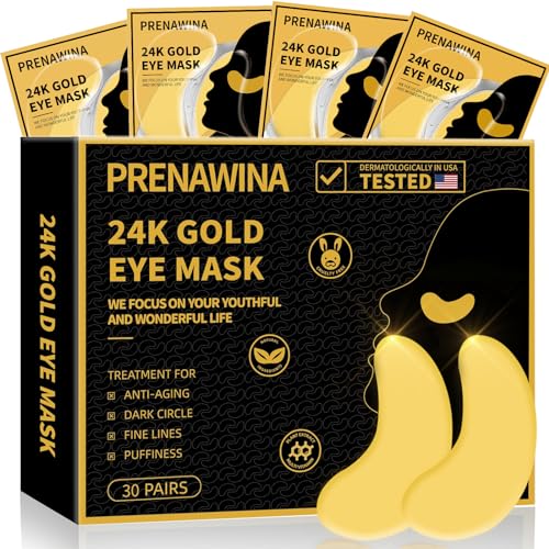 Prenawina 30 Pairs Gold Under Eye Patches for Dark Circles & Puffiness - Collagen, Hyaluronic Acid & Rose Essence, Pack of 30