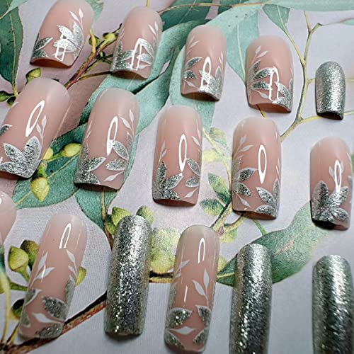 Short Almond Press on Nails Square Fake Nails Flowers Design Glossy Glue on Nails Full Cover False Nails Short White French Nail Tips Artificial Acrylic Nails Summer for Women DIY Nail Art Decorations