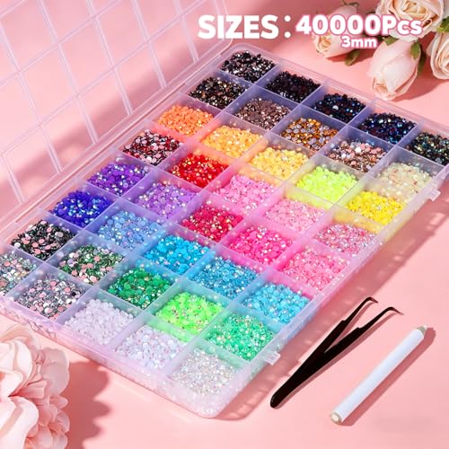 EBANKU 40000Pcs 3mm Flatback Rhinestones Kit, 40 Colors AB Gems