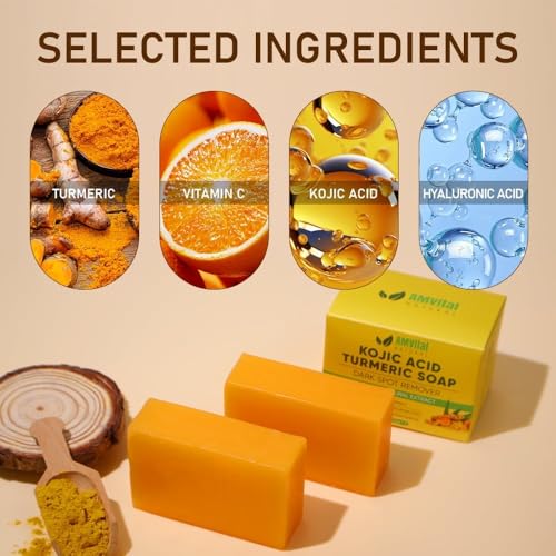 AMVital Turmeric Kojic Acid Soap Bars with Vitamin C, Retinol & Hyaluronic Acid ? Face & Body Soap with Collagen & Shea Butter ? 4-Pack Cleansing Bars for All Skin Types