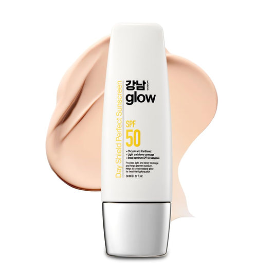 GANGNAM glow Day Shield Perfect Sunscreen SPF 50 - Tinted Sunscreen with Zinc Oxide, Sheer Tinted Moisturizer for face, Quick Absorption, Broad Spectrum, All Skin Types, Korean Skincare, 1.7floz