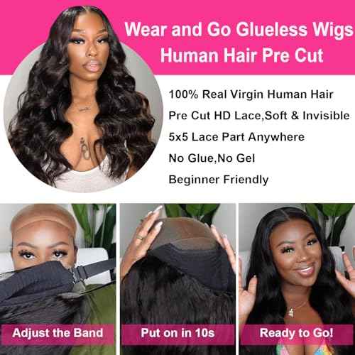 Wear and Go Glueless Wigs Human Hair Pre Plucked Pre Cut 5x5 HD Lace Closure Wigs Upgraded Transparent Body Wave Lace Front Wigs for Black Women with Natural Hairline 180 Density 14 Inch