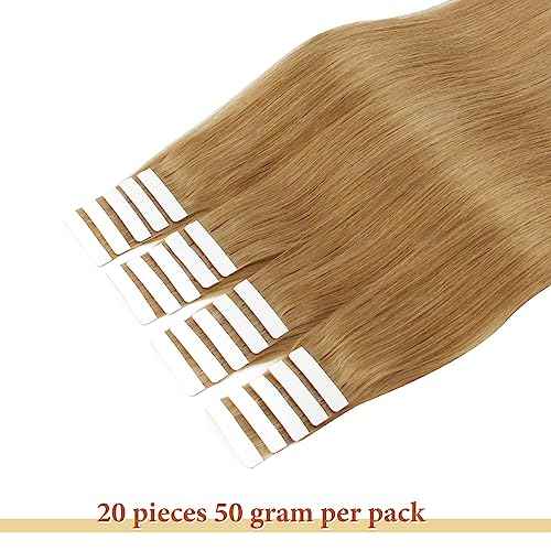 Lovrio Tape in Hair Extensions Straight Hair, 27 Strawberry Blonde Seamless Skin Weft Human Hair 50 Gram 14 Inch 20 Pieces