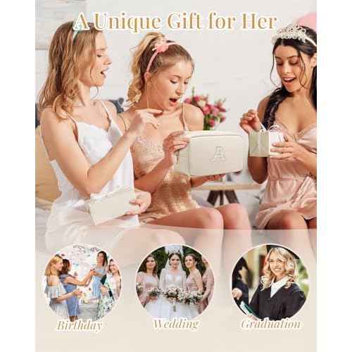Vlando Bridesmaid Engagement Gift for Her Small Cosmetic Bag Makeup Organizer Monogrammed Birthday Gifts for Mom Women Travelers Grandma M