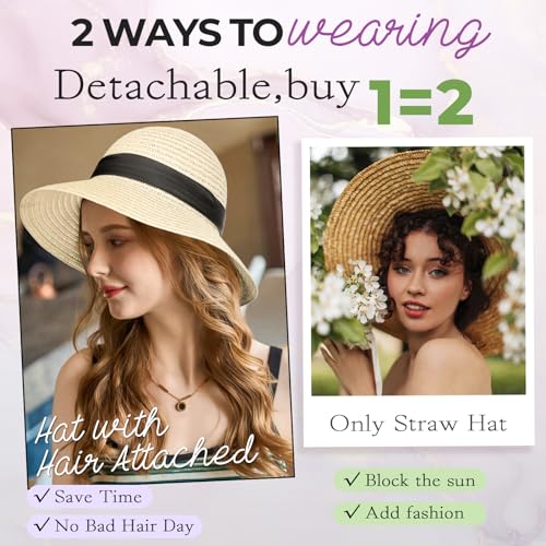 Adjustable Straw Sun Hat with Detachable 12-Inch Wavy Hair for Women