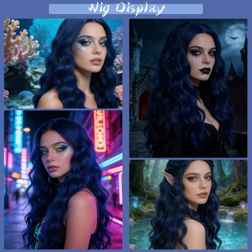 18" Dark Blue Curly Wavy Wig for Women - Heat Resistant Synthetic Fiber