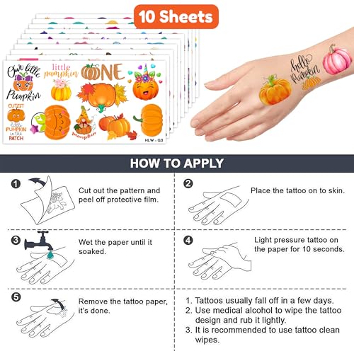 Fall Temporary Tattoos for Kids - 100 Pack Pumpkins