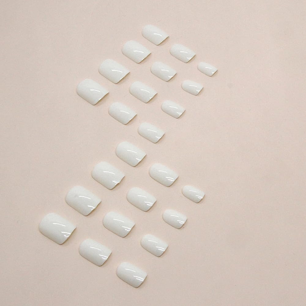 Short Press on Nails Square Fake Nails Full Cover False Nails with Nail Glue Cream White Solid Color Glossy Glue on Nails Stick on Nails Acrylic Nails Artificial Nails for Women Girls 24Pcs