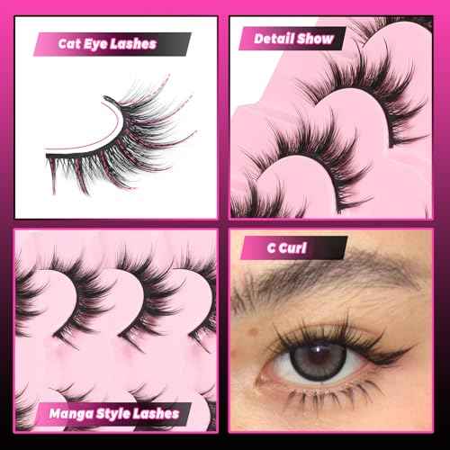 Veleasha Lashes Manga Eyelashes Cat Eye Lashes Spiky Eyelash C Curl Lash Wispy Natural Look False Eyelashes with Soft Cotton Band 7 Pairs Pack (Sunny)