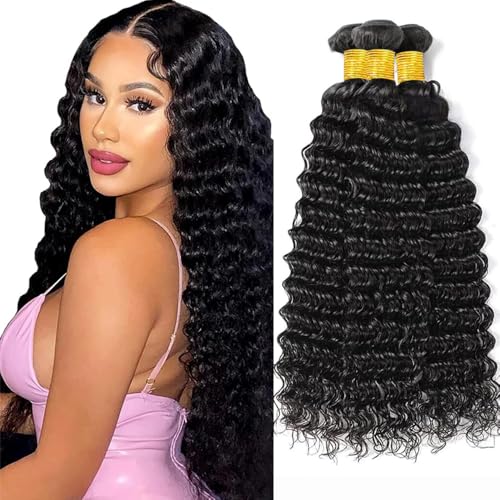 Deep Curly Virgin Human Hair Bundles 3-Pack 22-26 Inch Natural Black Deep Wave Weave