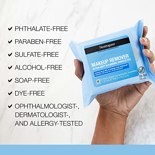 Neutrogena Makeup Remover Wipes, Daily Facial Cleanser Towelettes, Gently Cleanse and Remove Oil & Makeup, Alcohol-Free Makeup Wipes, 2 x 25 ct.