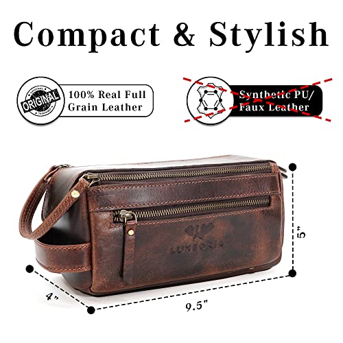 Premium Handmade Leather Toiletry Bags for Men and Women, Genuine Leather Dopp Kit and Shaving Bag for Men, Travel Cosmetic Bag for Women's and Men's, Zipper Pocket, Dark Brown
