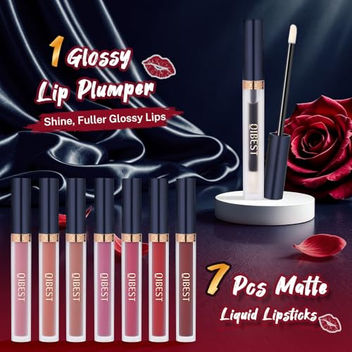 QiBest 8Pcs Matte Liquid Lipstick Set with Lip Plumper
