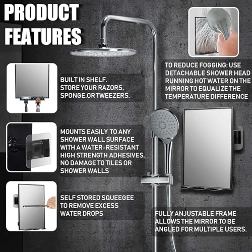 Shower Mirror with Squeegee & Razor Holder - 360° Rotation