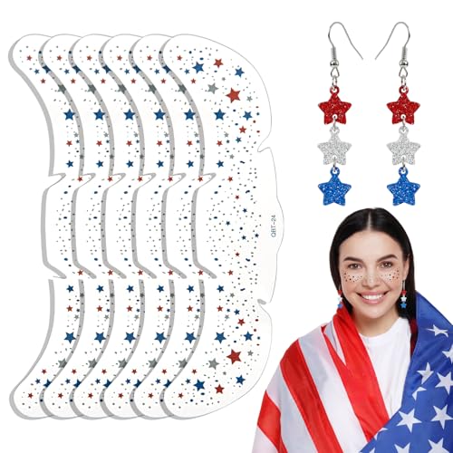 4th of July Star Dangle Earrings & Temporary Tattoos Set