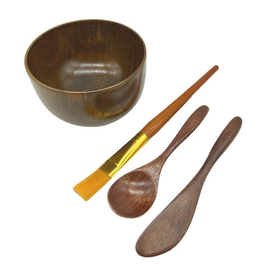 BEECO GIF2U Face Mask Mixing Bowl Set Brown Wood,4 Pack Diy Facial Tools For Skin Care,Facemask Mixing Tool Kit With Facial Mask Bowl,Spatula,Spoon,Brush Applicator,Facial Esthetician Supplies