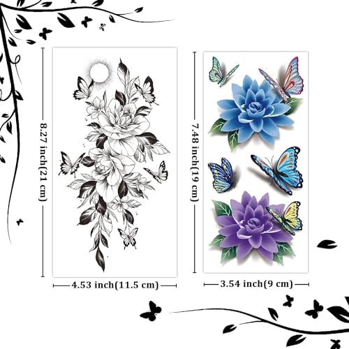Cerlaza Temporary Tattoo Stickers for Women - 12 Sheets Flower & Butterfly