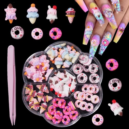 70Pcs Candy Cute 3D Nail Charms Assorted Acrylic Donut Ice Cream Cartoon Nail Art Charms for Manicure DIY Craft Jewelry Accessories