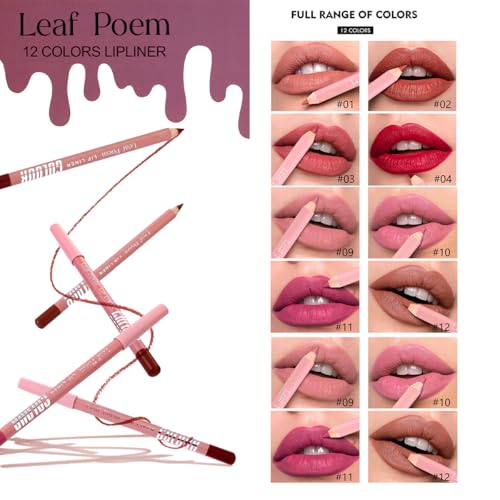 12Pcs Matte Lip Liner Pencil Set,Waterproof Creamy Lip Liner,High Pigmented Non-Stick Cup,Plumping Lip Definer Pencil Lipstick Set,Long-Lasting Smooth and Smudge-proof Natural Lip Pencils Gift