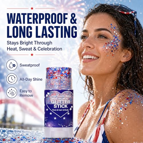 Red White & Blue Patriotic Glitter Stick, Waterproof 4th of July