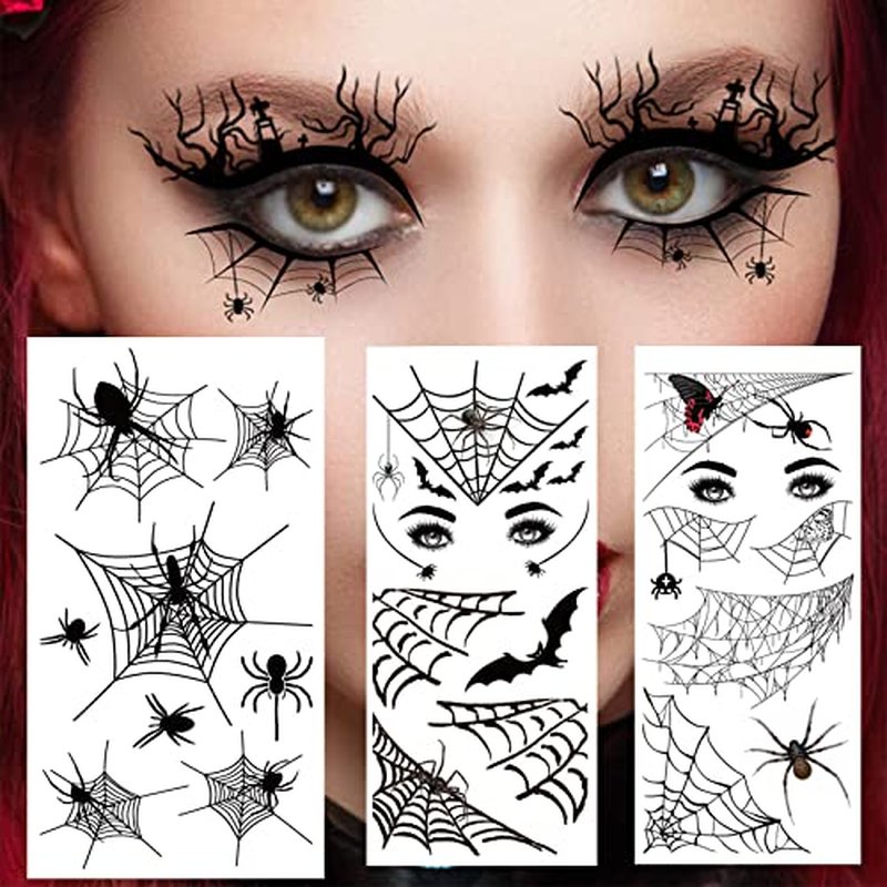 65 PCS Halloween Spider Web Face Eye Temporary Tattoos Realistic Stickers for Adults Kids, Face Shoulder Arm Back Decor for Halloween Party Costume Apparel Cosplay Accessories (9 Sheets)
