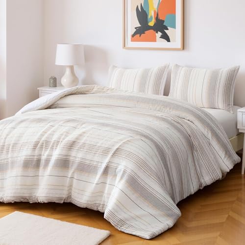 Amazon Basics 3-Piece Comforter Set Queen Beige Striped – Jacquard All-Season