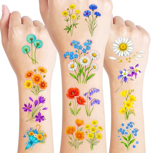 96 PCS Wildflower Temporary Tattoos for Kids