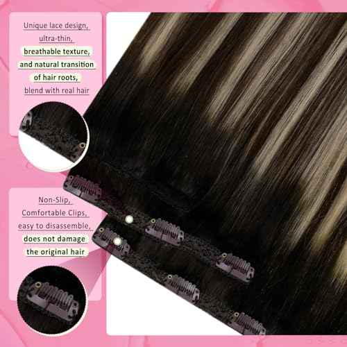 YoungSee Balayage Hair Extensions Clip ins Ombre Black to Brown with Caramel Blonde Clip in Extensions Real Human Hair Ombre Hair Clip on Hair Extensions for Women 20Inch 120G 7Pcs