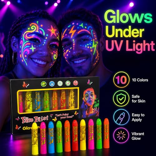 UV Neon Face Paint Sticks - 10 Glow Colors Rave Makeup