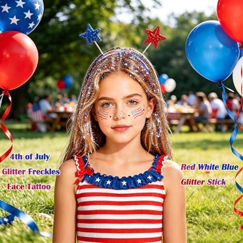 Patriotic Glitter Set - Red White Blue Glitter Stick & Face Tattoos
